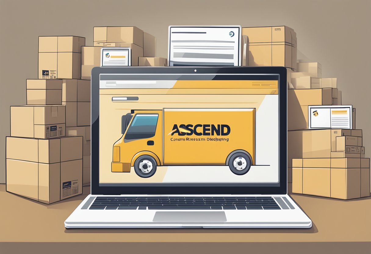 A laptop displaying Ascend Ecom website with positive reviews and 5-star ratings. A stack of shipping boxes and a delivery truck in the background