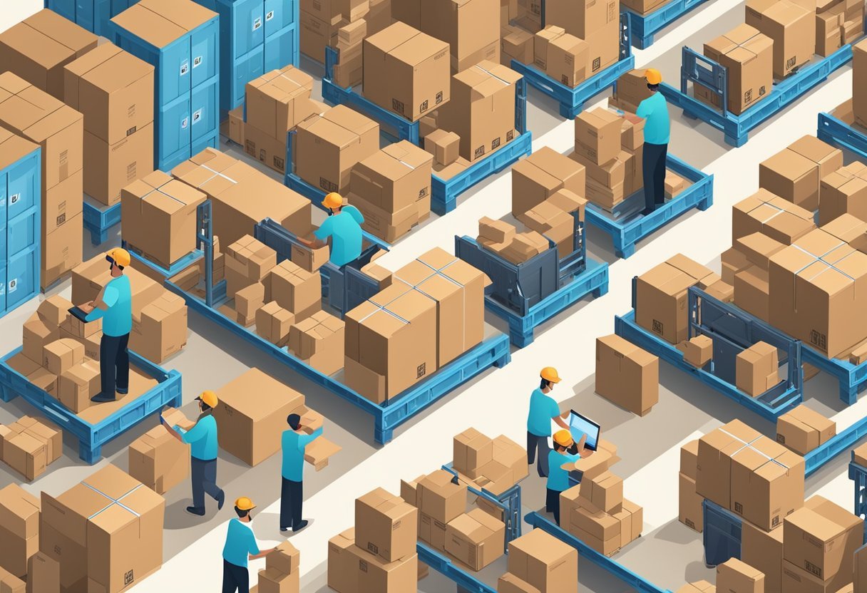 A bustling e-commerce warehouse with workers fulfilling orders and managing operations. Boxes and packages are being sorted and shipped out efficiently