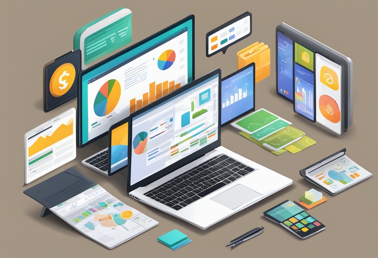 A laptop displaying various e-commerce strategies with charts and graphs, surrounded by marketing materials and a strategic plan