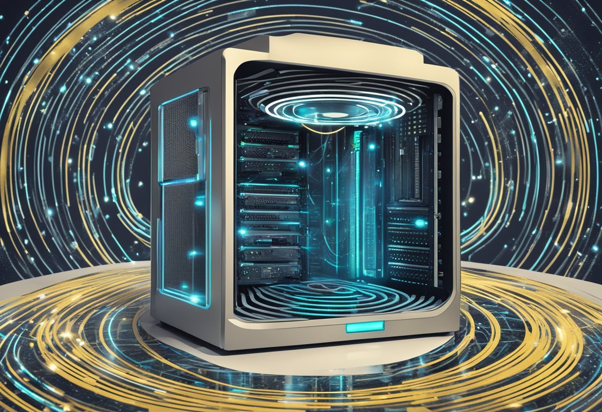 A computer server surrounded by swirling digital particles, with a glowing "Viral Vault Review" logo hovering above it