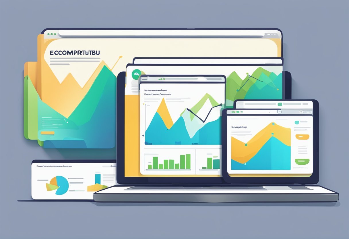 A laptop displaying EcomProfitHub website with positive reviews and a graph showing increasing profits