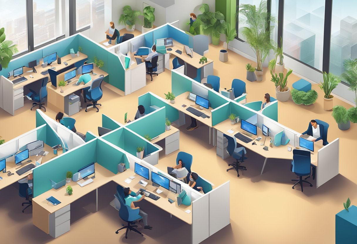 An aerial view of EcomProfitHub's sleek and modern office space, with employees collaborating at their workstations and a vibrant atmosphere