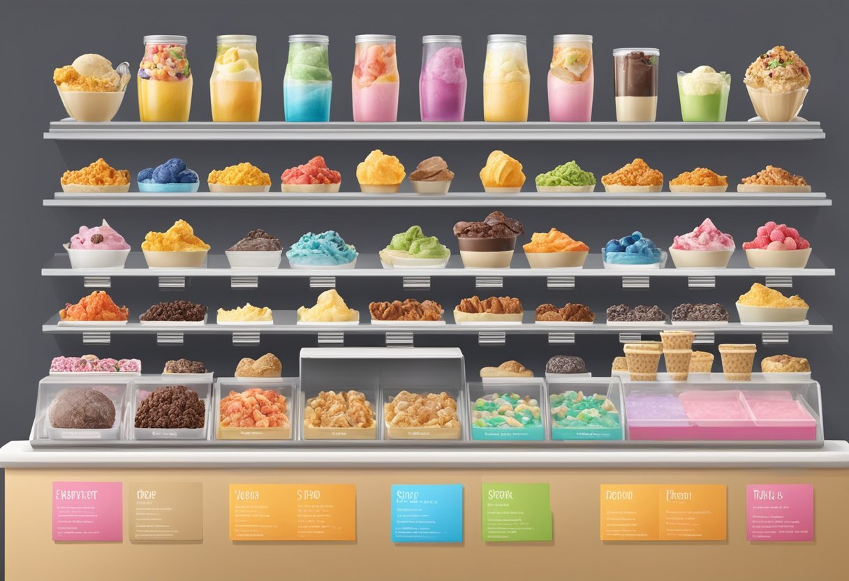 A colorful display of various gelato flavors and toppings arranged neatly on a counter, with a menu board showcasing the different product offerings