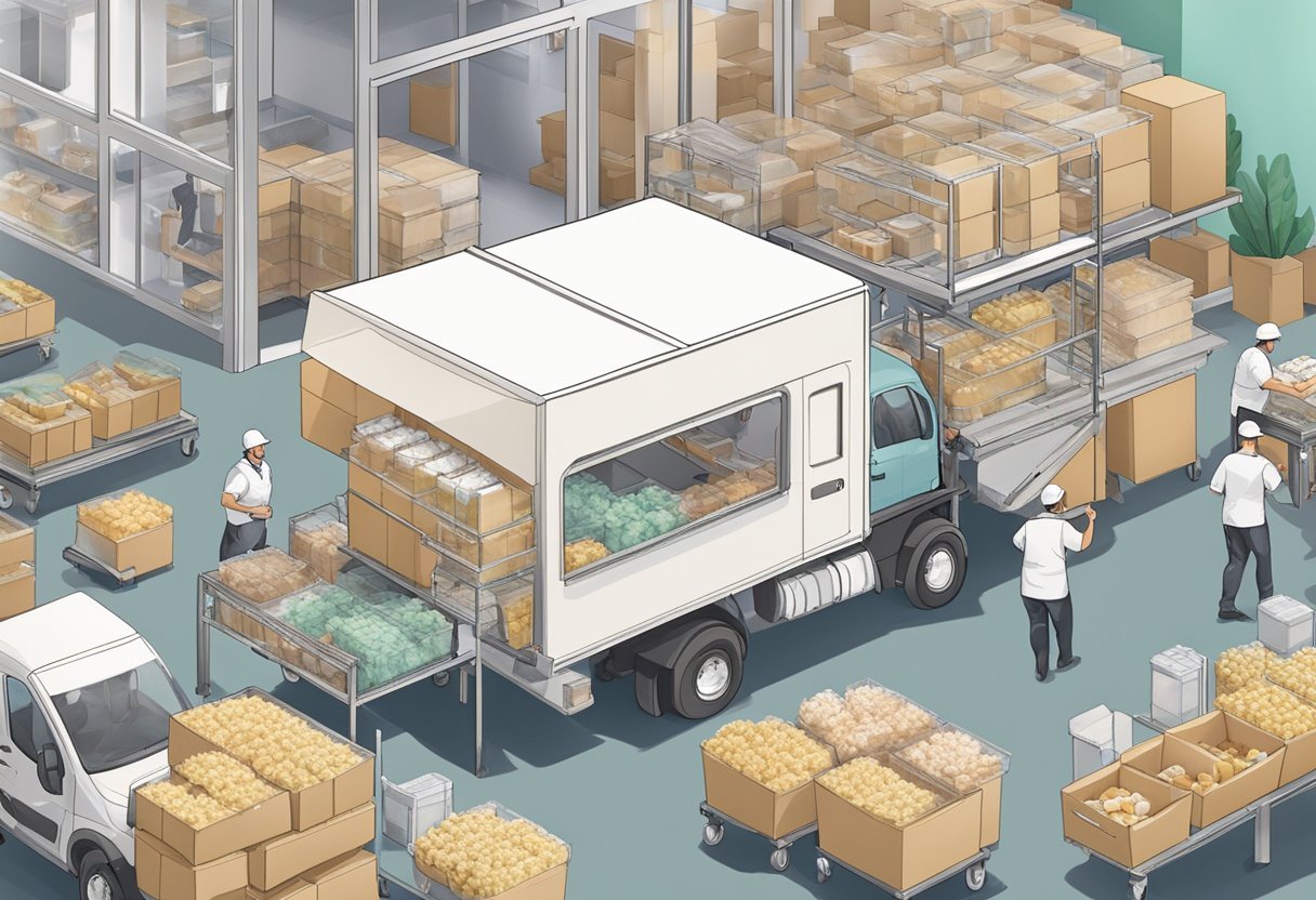 A bustling gelato production facility with workers packaging and loading boxes onto delivery trucks