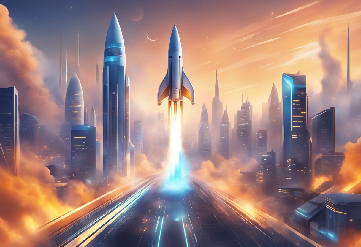 A rocket blasting off into space with a trail of flames and smoke, surrounded by a futuristic city skyline