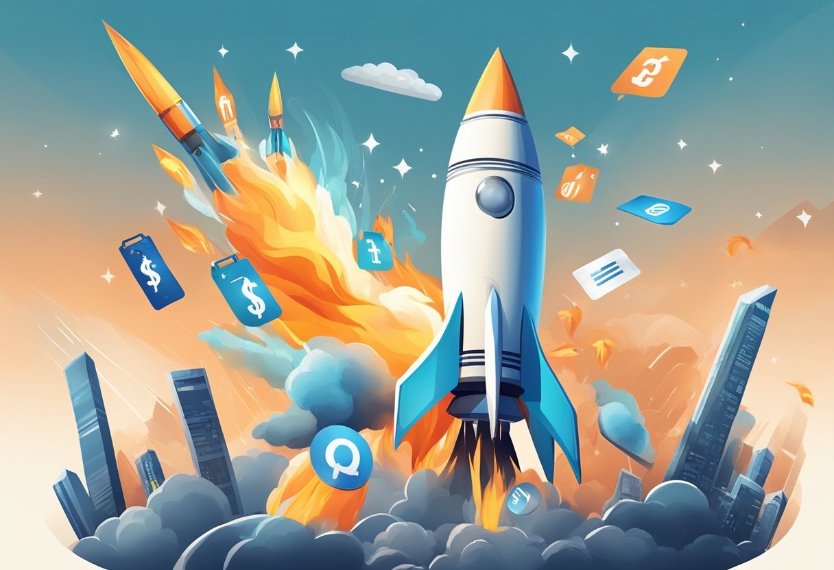 A rocket blasting off with a price tag as the flame, soaring above a cluster of e-commerce logos