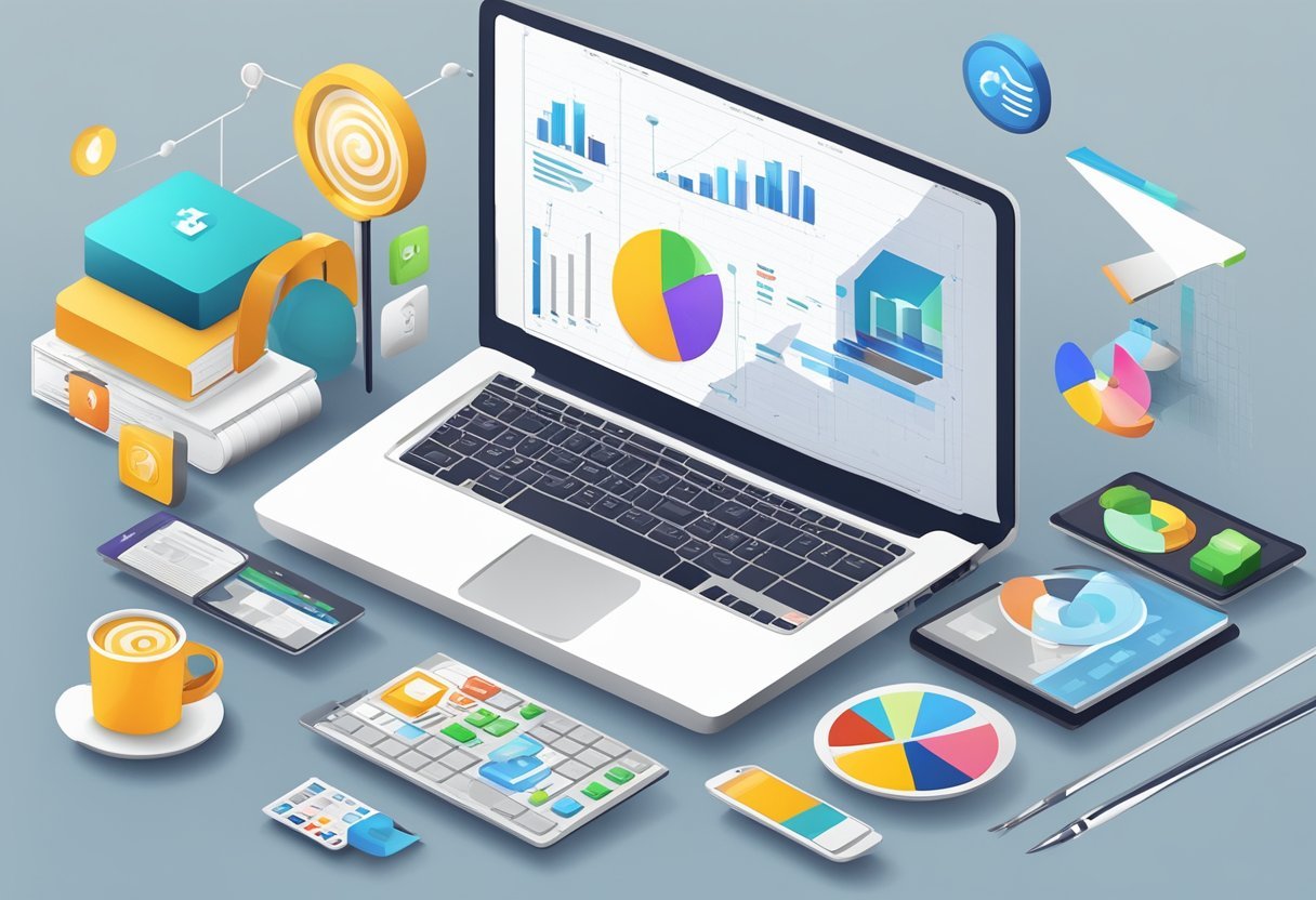 A laptop displaying various marketing tools and strategies with a chart, graph, and social media icons