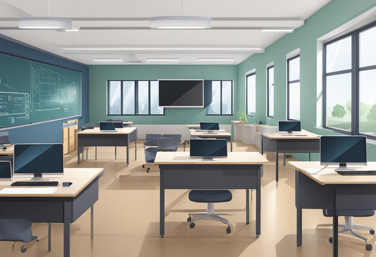 A modern, tech-filled classroom with computer workstations, whiteboards, and a projector screen at Remote Integrator Academy