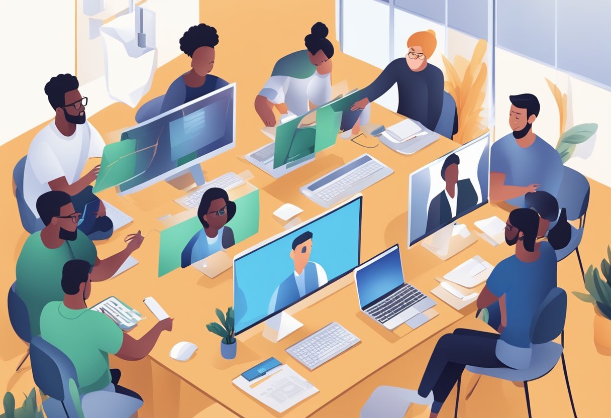 A group of diverse individuals engage in virtual learning and collaboration, sharing ideas and supporting each other in a remote integrator academy