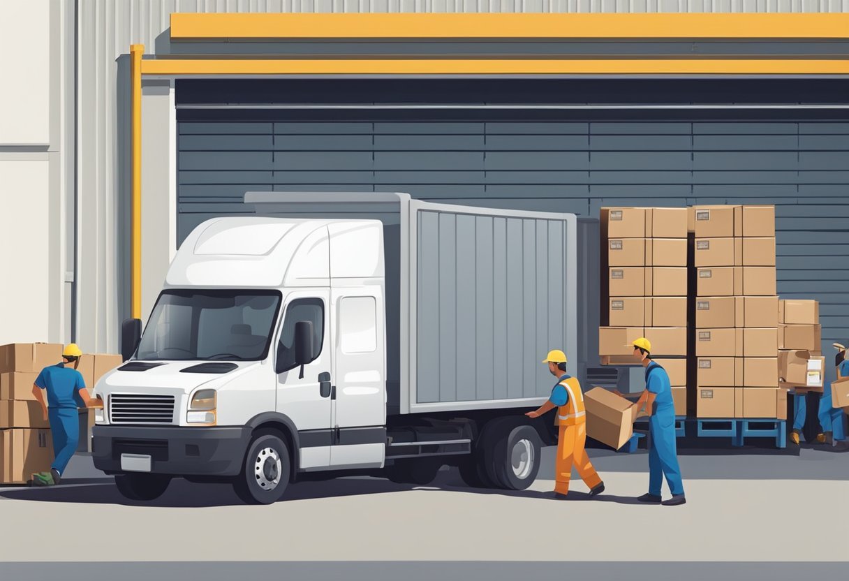 A delivery truck parked in front of a warehouse, with workers unloading boxes onto a conveyor belt