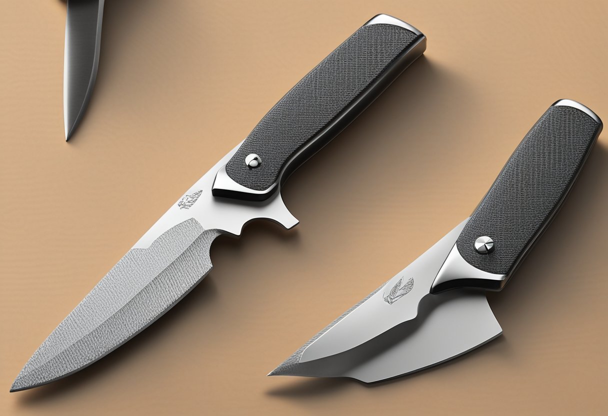 A drop point knife rests on a textured surface, with a curved blade and a sharp point, the handle is sturdy and ergonomic, featuring a textured grip