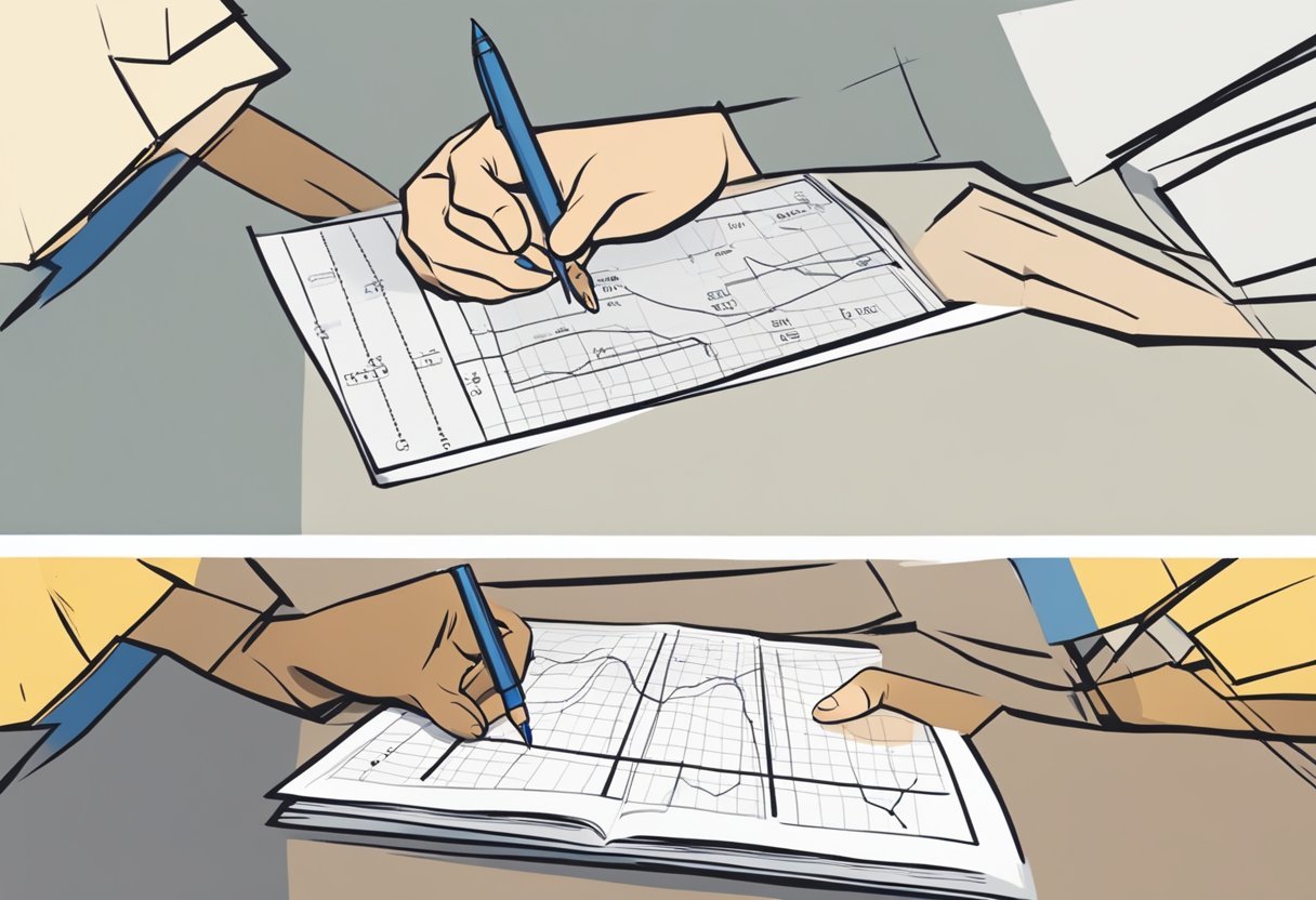 A table with two charts side by side, one labeled "Before" and the other "After." A hand holding a pen points at the "After" chart