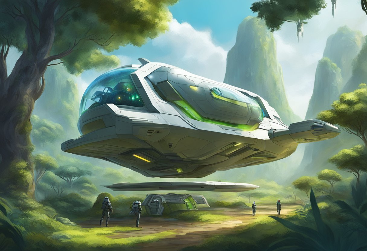 A futuristic spacecraft lands in a lush, alien landscape. The rabbit-shaped dropship opens, revealing a cargo of supplies and exploration equipment