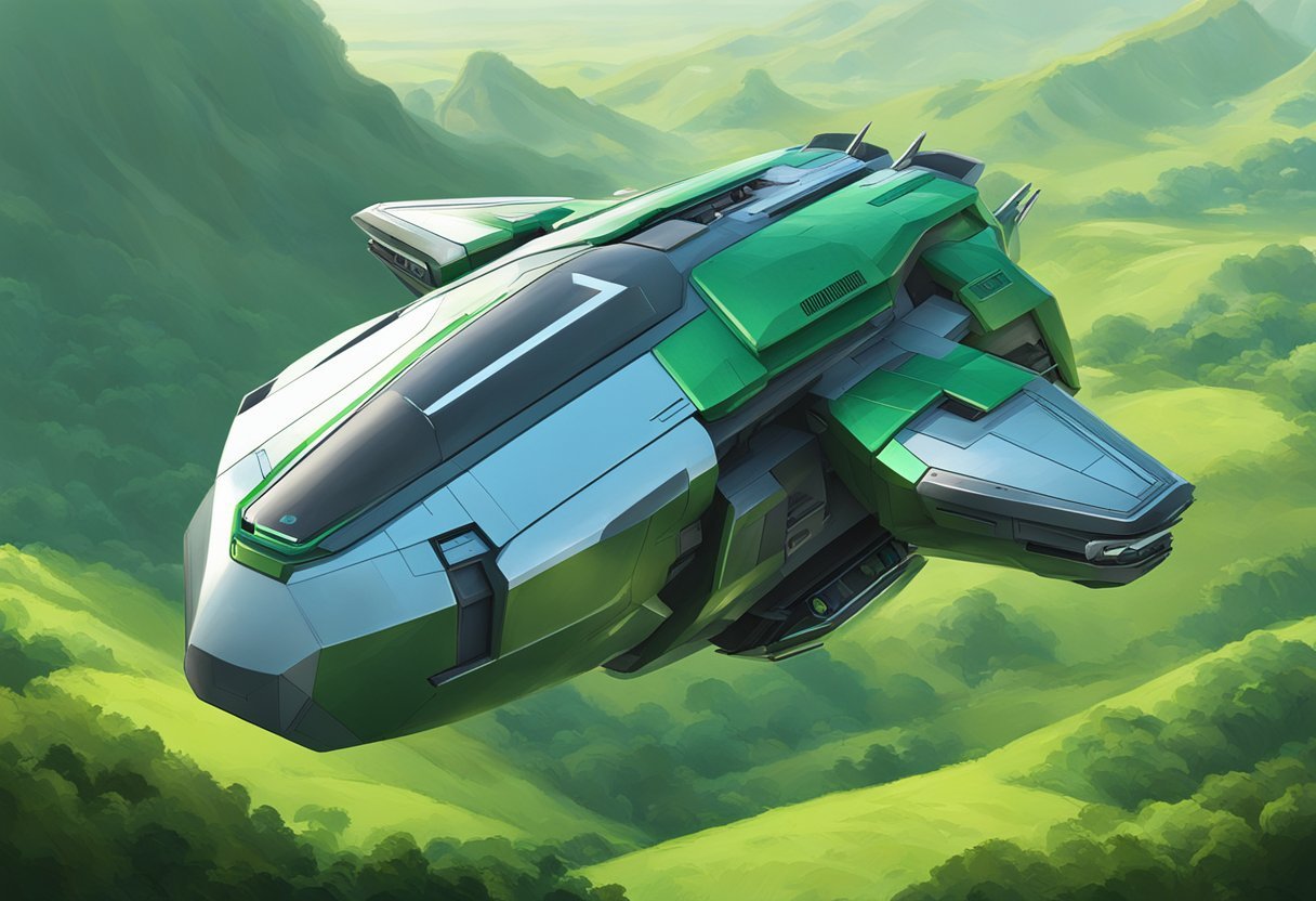 A sleek, futuristic dropship hovers above a lush, green landscape, with the iconic rabbit logo prominently displayed on its exterior