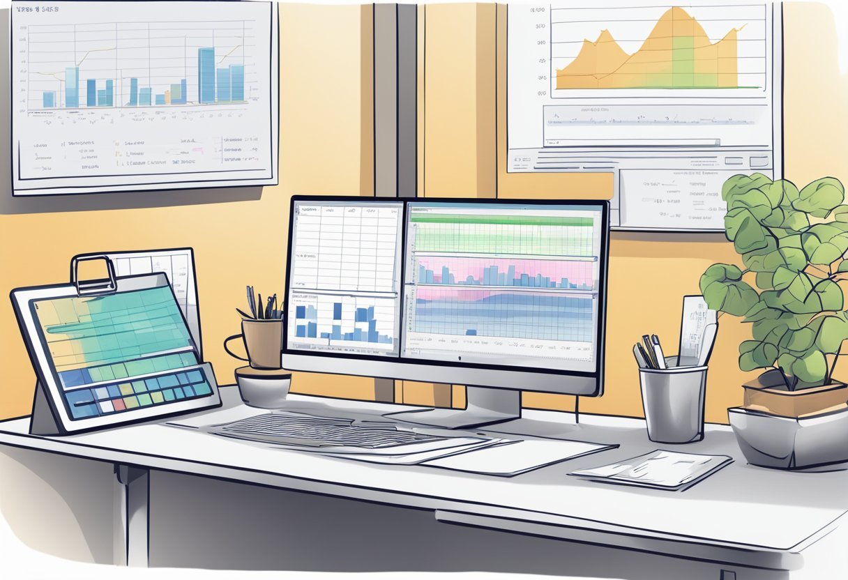 A table with pricing charts, plan options, and profit margin calculations displayed on a computer screen. A calculator and notepad sit nearby