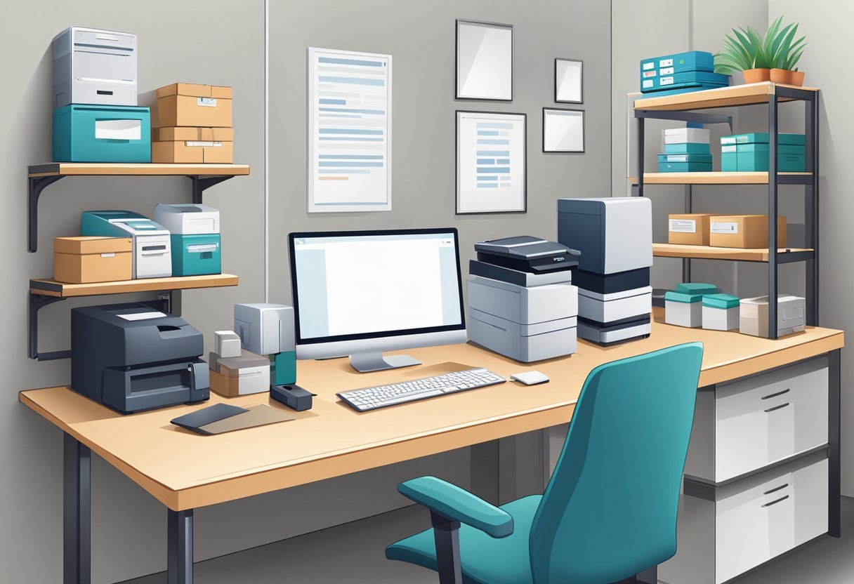 An organized workspace with a computer, printer, and shelves of products ready for shipping. A clear workflow from order management to fulfillment