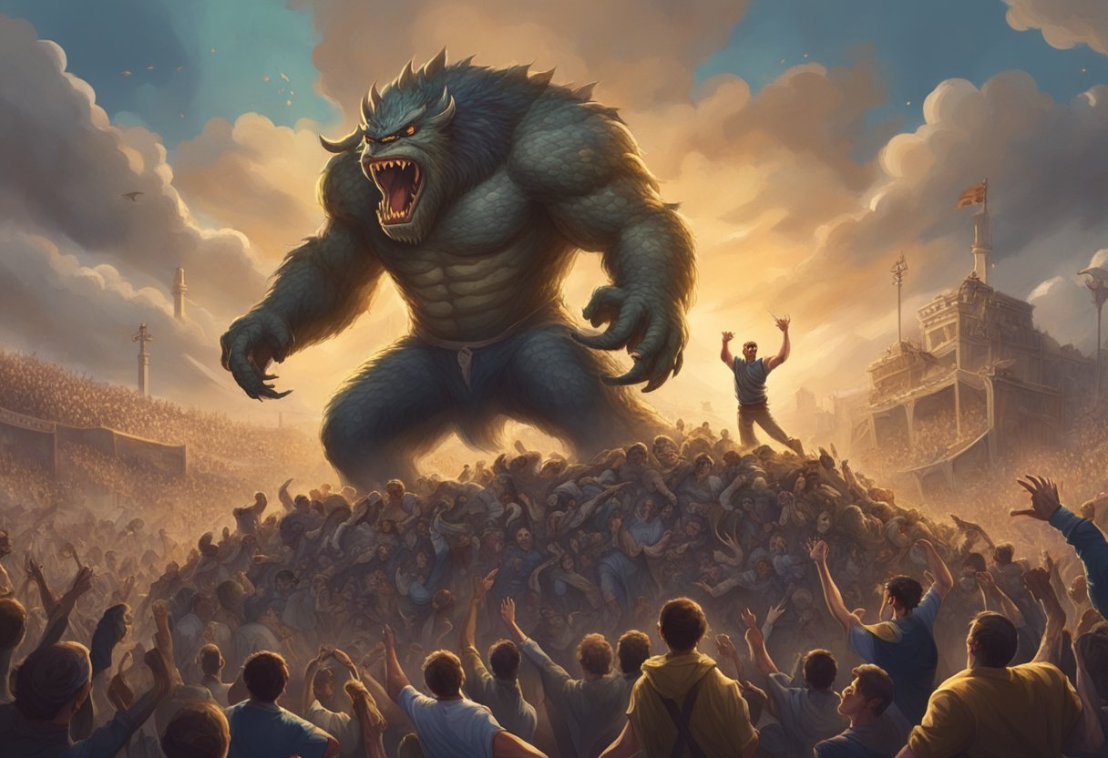 A giant monster with a victorious expression, standing on a pile of defeated opponents, with a crowd cheering in the background