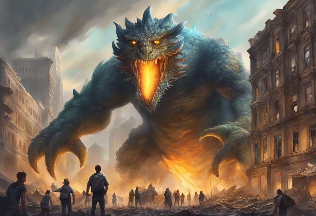 A giant, fire-breathing monster stands victorious amidst a destroyed city, with buildings in ruins and terrified citizens fleeing