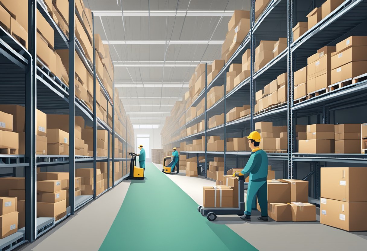 A warehouse filled with neatly organized shelves of products, a conveyor belt moving packages, and workers efficiently processing orders at Zendrop