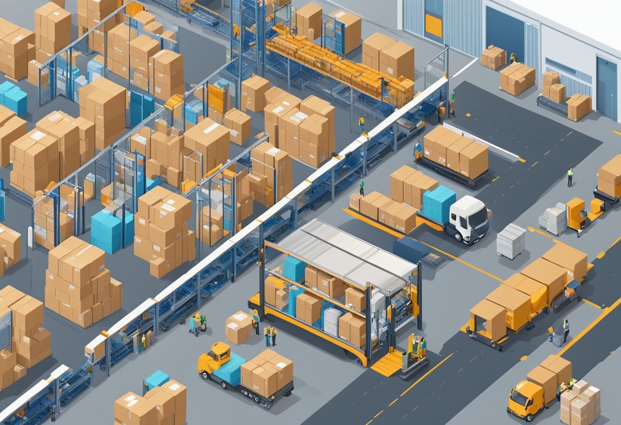 A bustling warehouse with a network of suppliers delivering packages to and from Zendrop, showcasing efficient logistics and a well-connected supply chain