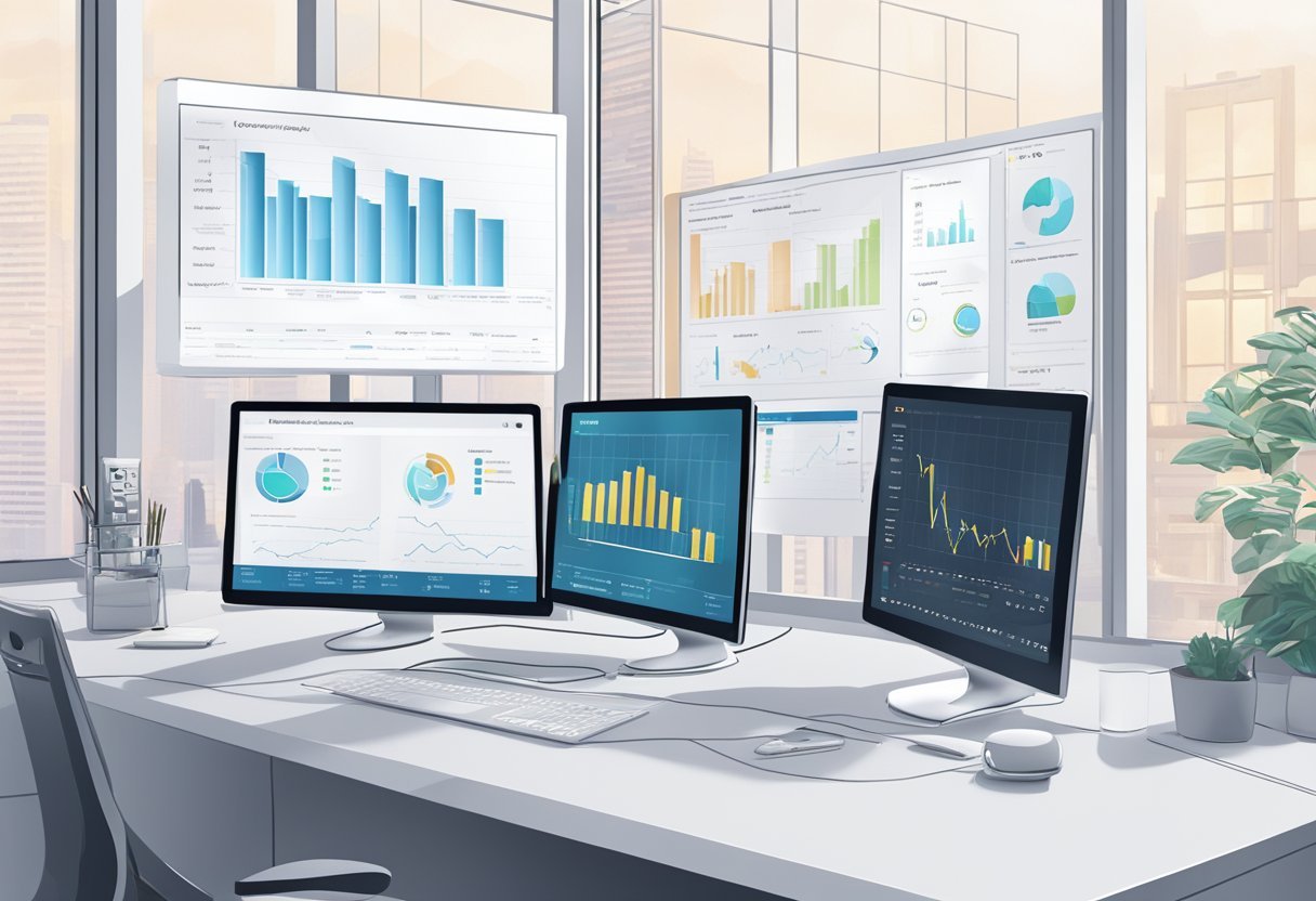 A computer screen displaying PowerAdSpy's ad analysis features with data charts and graphs, surrounded by a sleek, modern office setting