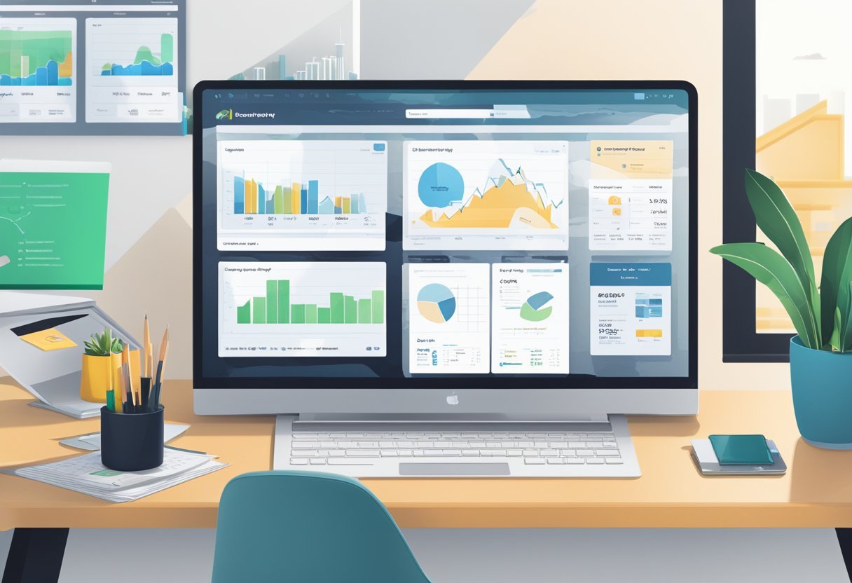 A desk with a laptop open to the PowerAdSpy website, surrounded by pricing charts and plan options