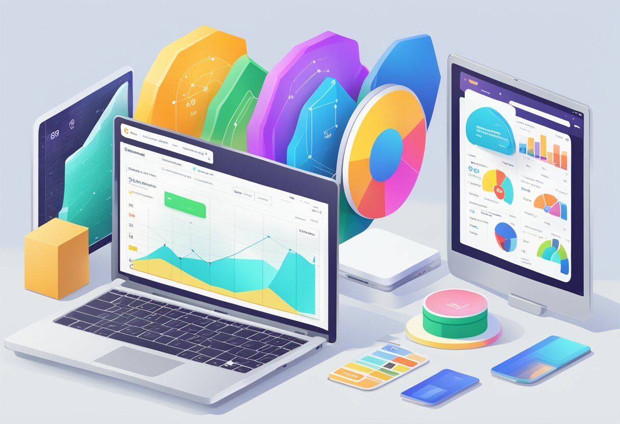 A laptop displaying Sellvia's platform with various e-commerce tools and features. Colorful graphics and charts show sales data and product listings