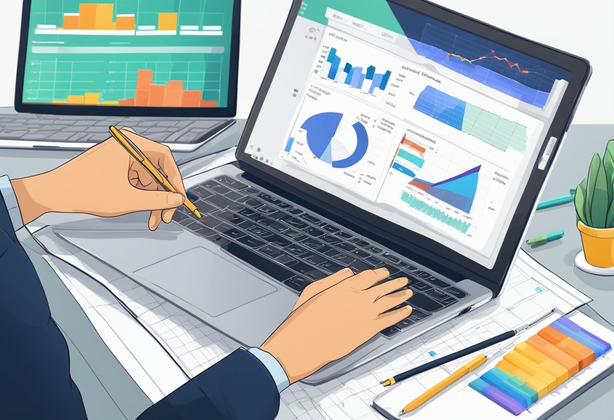 A laptop with Sell The Trend website on screen, surrounded by charts and graphs. A hand holding a pen takes notes on a pad