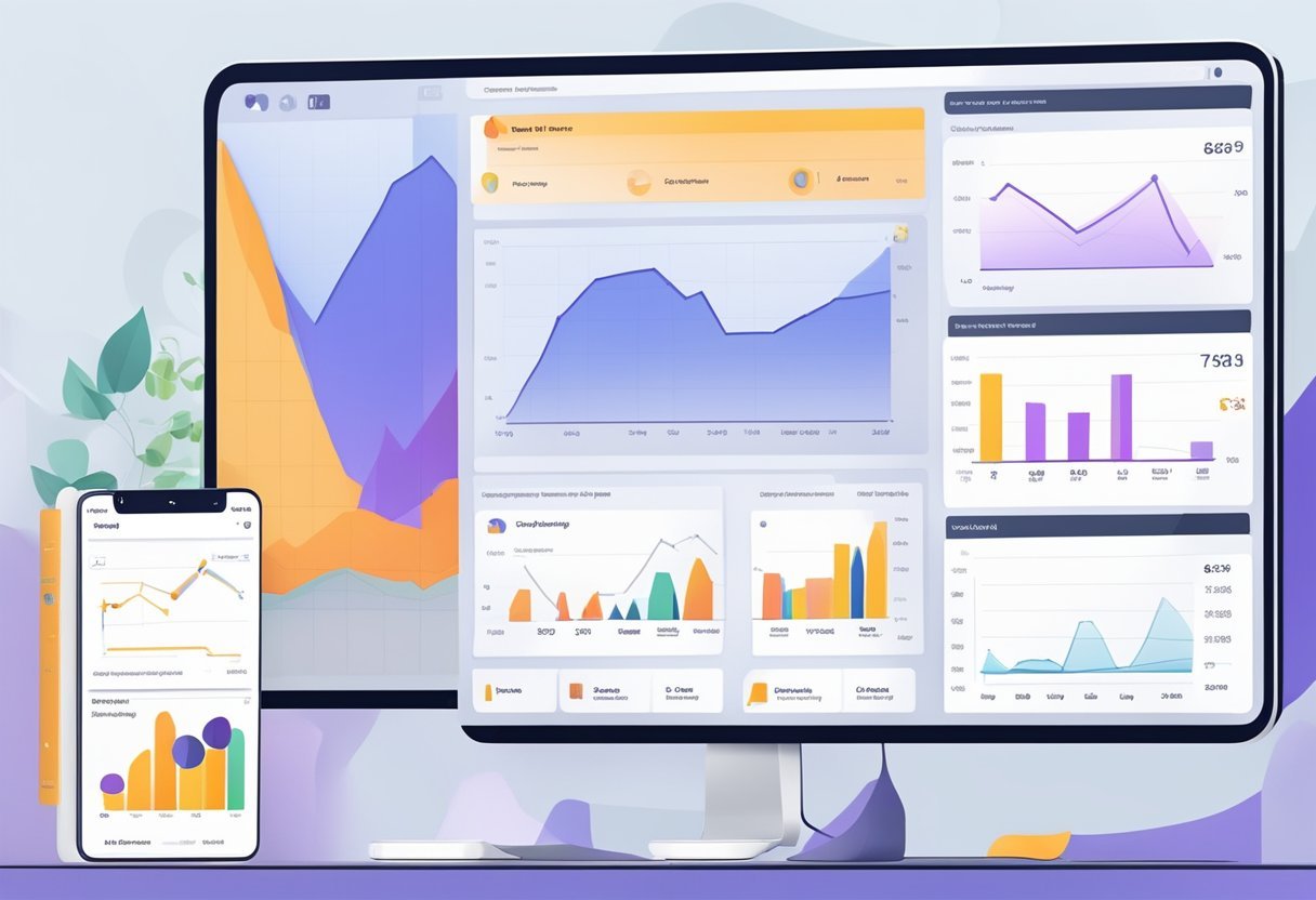 A computer screen displays Sell The Trend's dashboard with product research tools, trend analysis charts, and dropshipping features