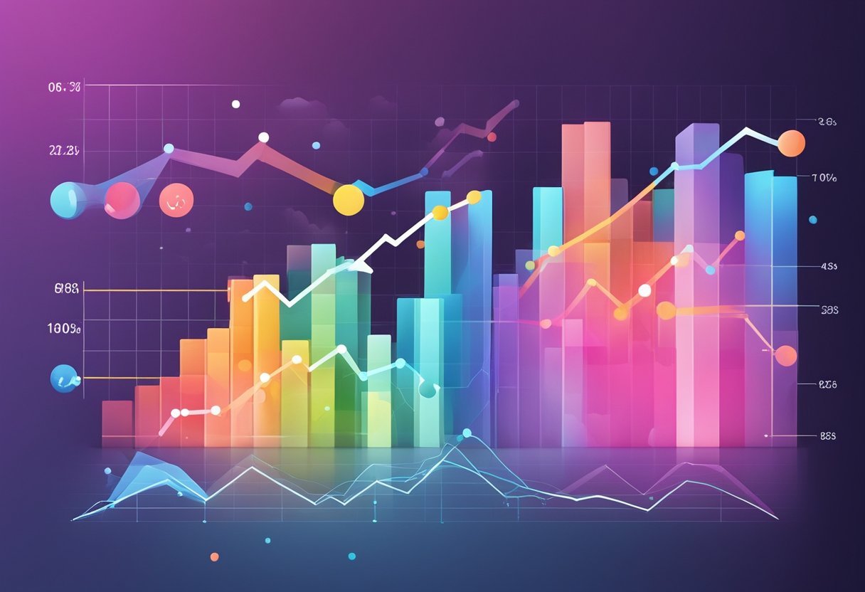 A colorful graph with upward trend lines, surrounded by data charts and market analysis reports