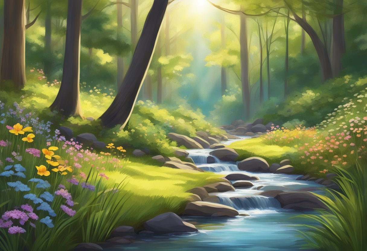 A serene forest clearing with a babbling brook, dappled sunlight, and colorful wildflowers