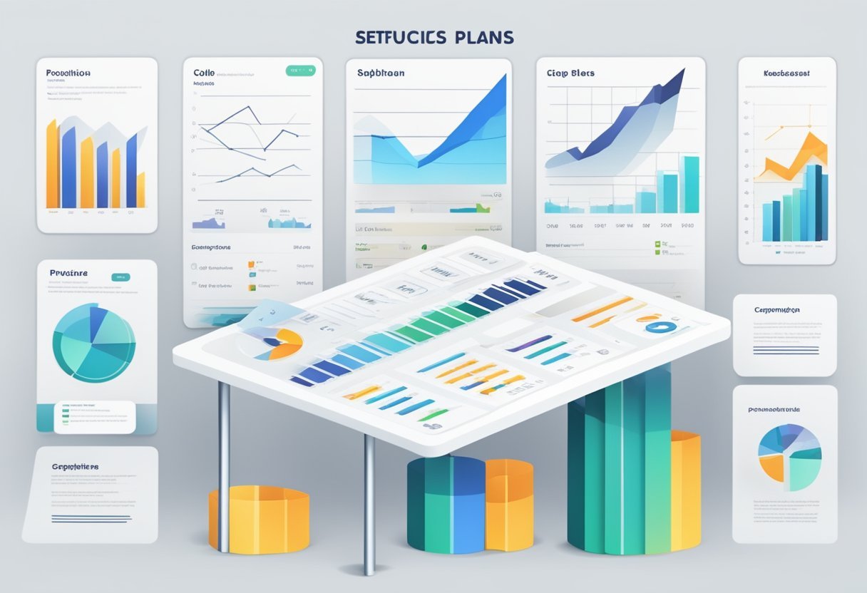 A table with various pricing and subscription plans displayed. Graphs and charts showing different features and benefits. Brand logos of different companies