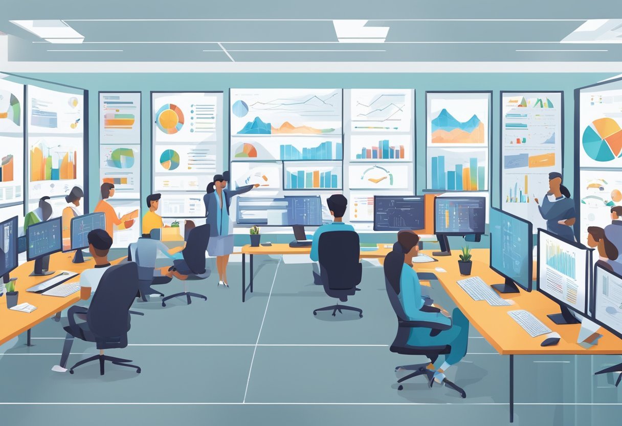 A bustling office space with a modern, sleek design. A team of professionals engaged in brainstorming and collaborating on marketing strategies. Multiple computer screens display data and analytics, while a whiteboard is filled with colorful diagrams and charts