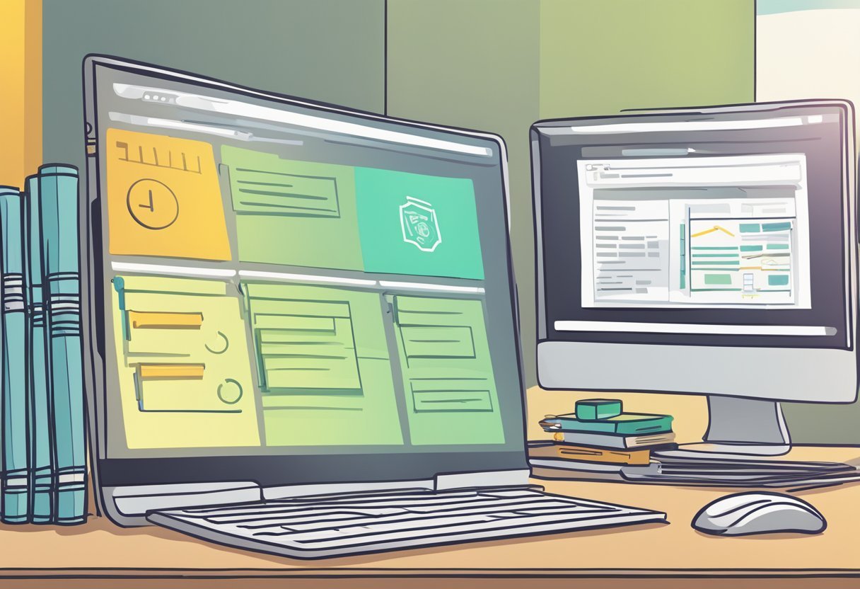 A computer screen displaying the Legendary Marketer training modules with a notebook and pen beside it