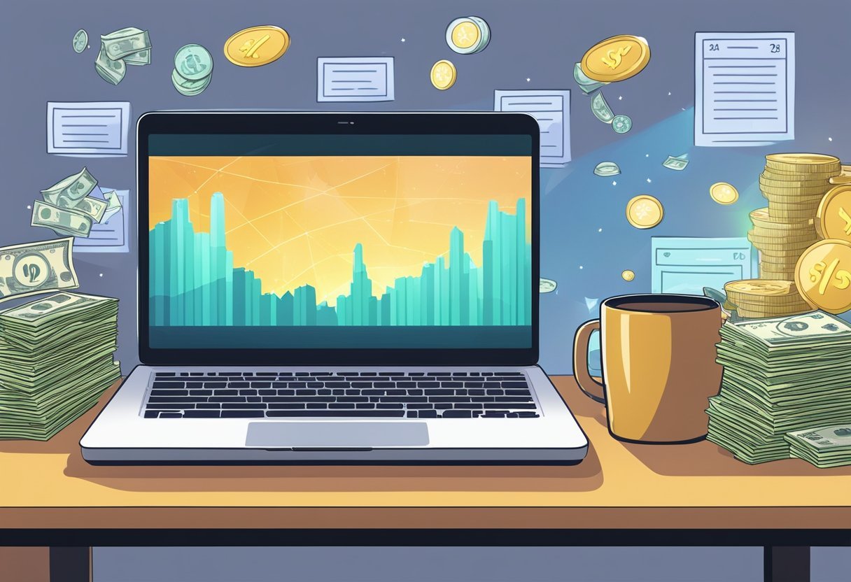 A laptop with a glowing screen sits on a desk, surrounded by stacks of cash and a superhero cape. A chart on the wall shows a steep upward trend