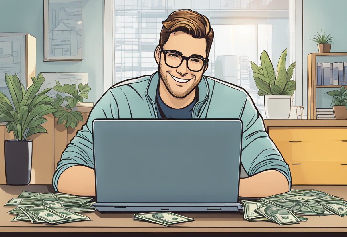 A laptop displaying "Commission Hero" with a smiling man, Robby Blanchard, in the background. A stack of money and a chart showing profits