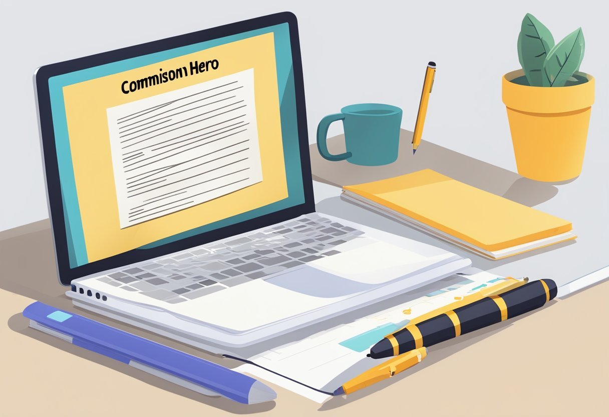 A desk with a laptop, notebook, and pen. A stack of papers labeled "Commission Hero Review" next to a highlighted course outline