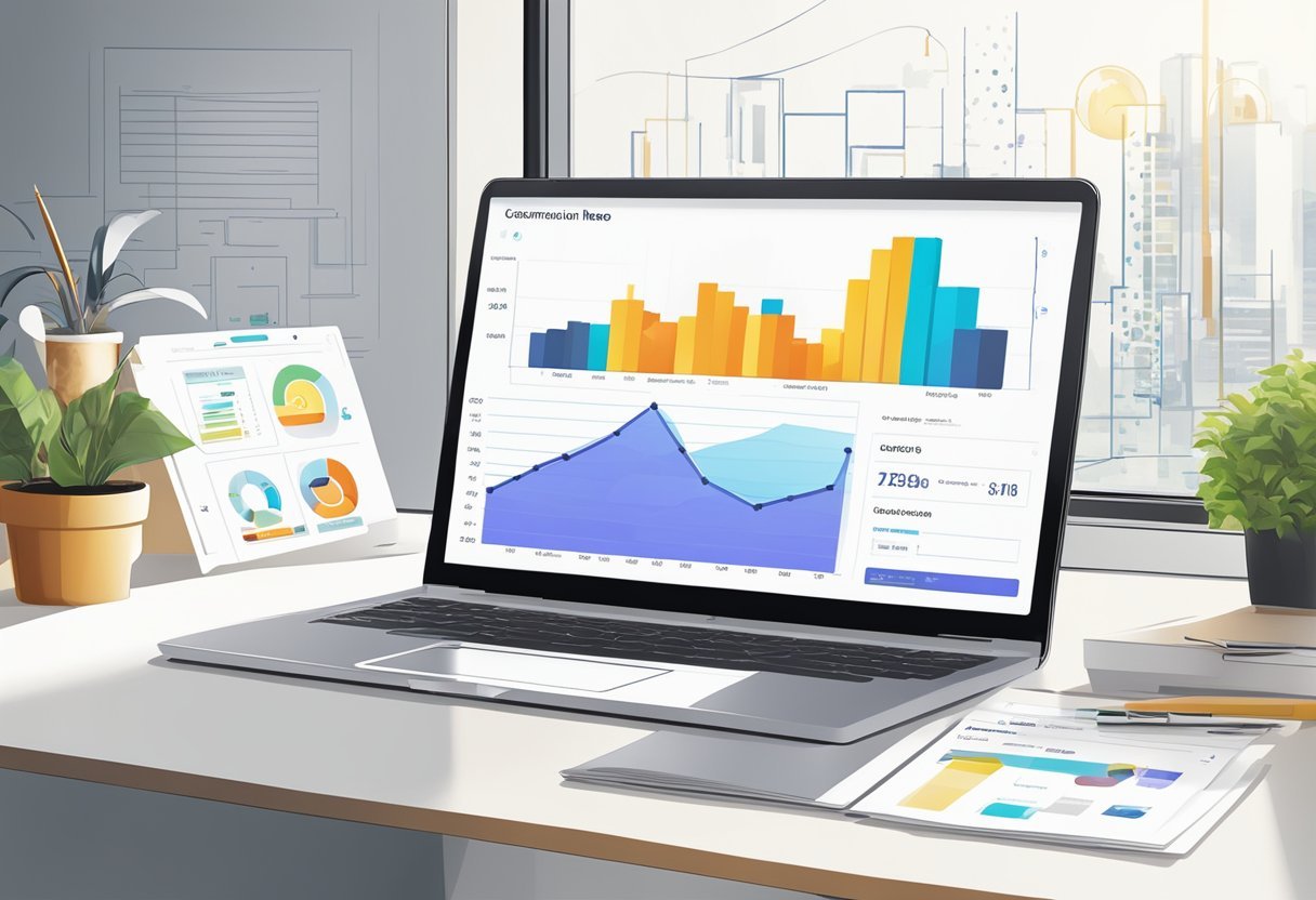 A dynamic graph showing rising sales figures, alongside a laptop displaying the Commission Hero review website