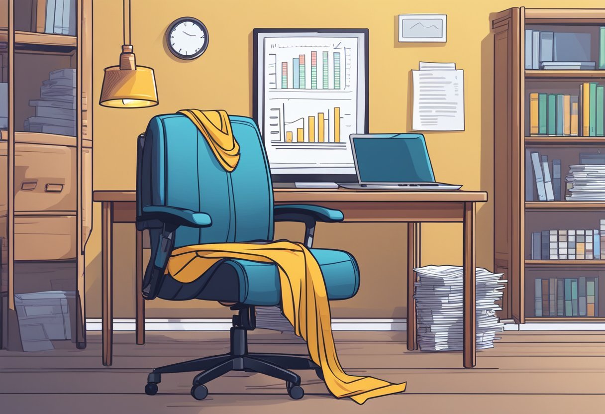 A stack of money sits on a desk next to a laptop and a chart showing increasing profits. A superhero cape hangs on a chair