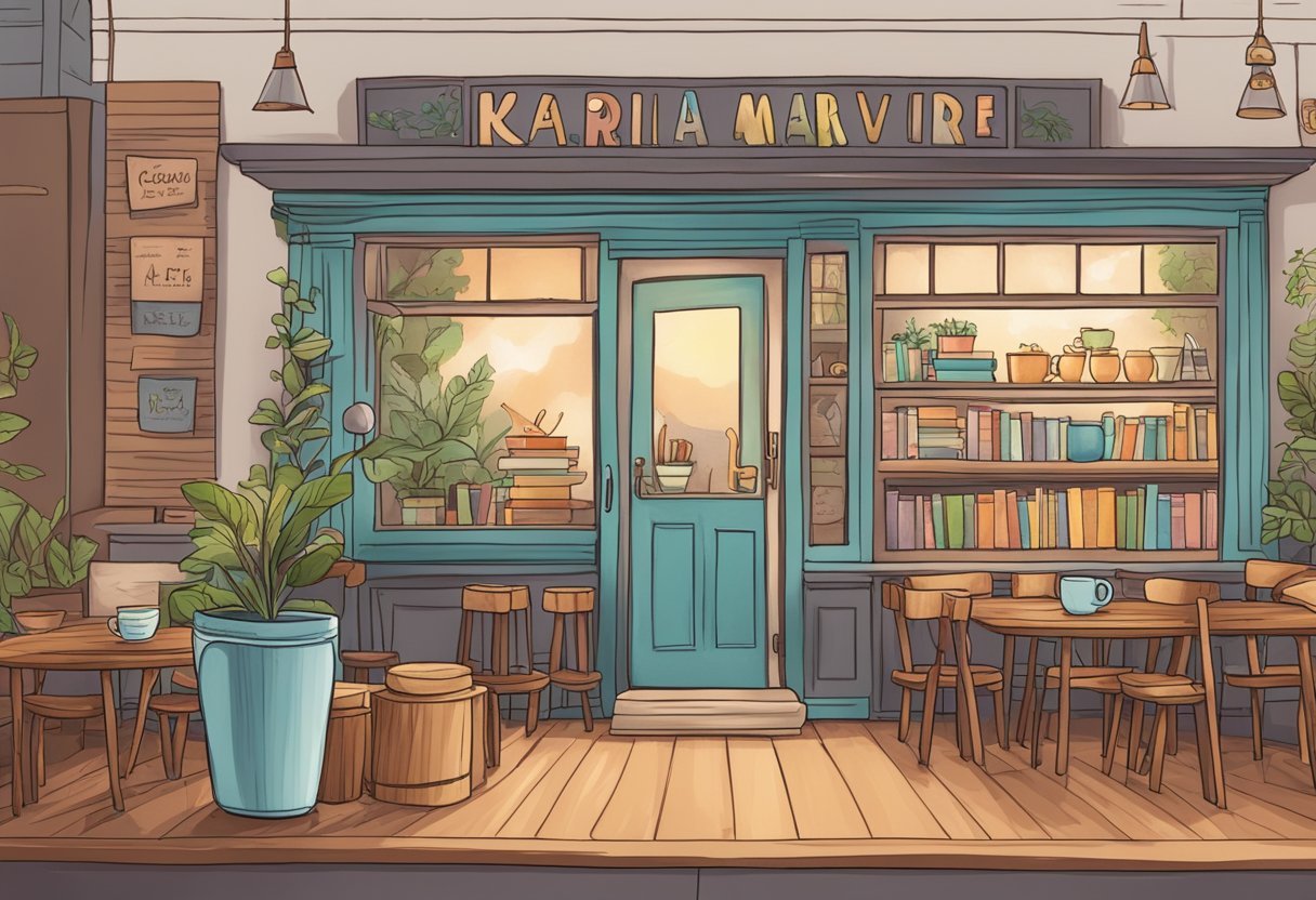 A cozy coffee shop with a bookshelf filled with colorful novels, a steaming cup of coffee on a wooden table, and a handwritten sign that reads "Karla Marie Review."