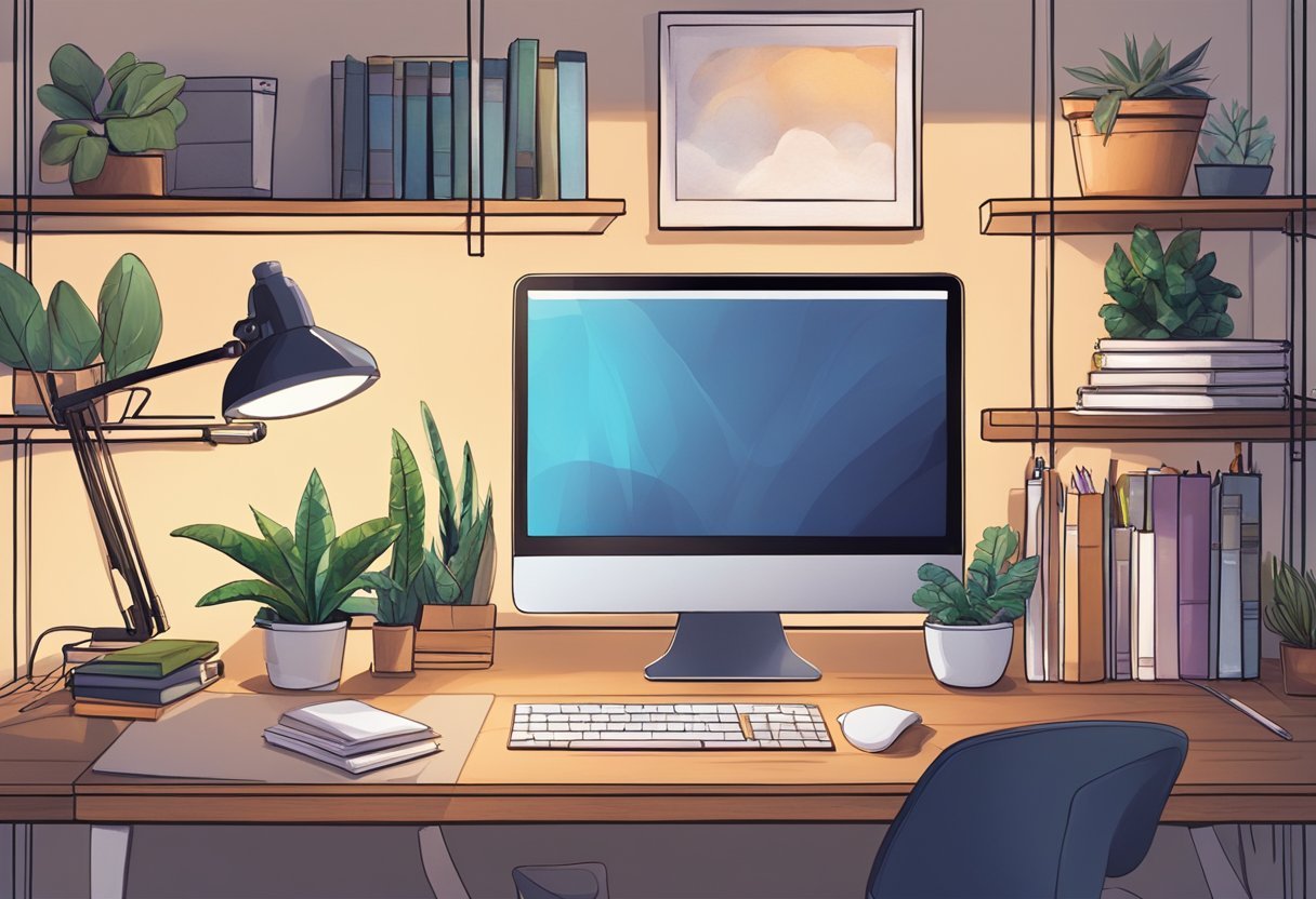 A cozy home office with a desk, bookshelves, and soft lighting. A computer and notebooks sit on the desk, surrounded by plants and artwork