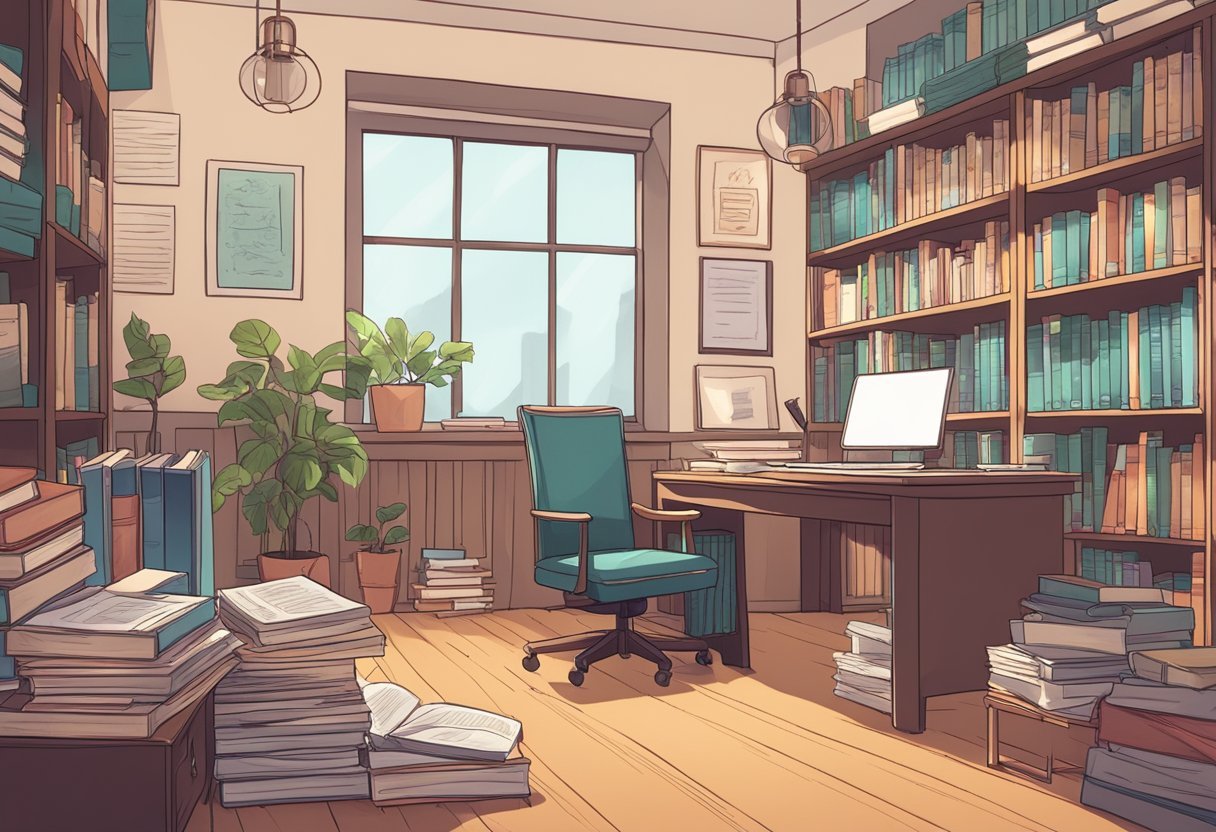 A cozy, well-lit study room with a desk covered in books and papers. A laptop displaying "Fiction Profits Academy Breakdown Karla Marie Review" is open on the desk