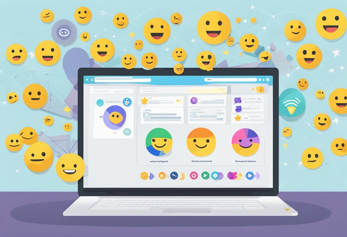 A laptop displaying Spocket website with a 5-star review and positive comments, surrounded by happy emojis and a chart showing growth