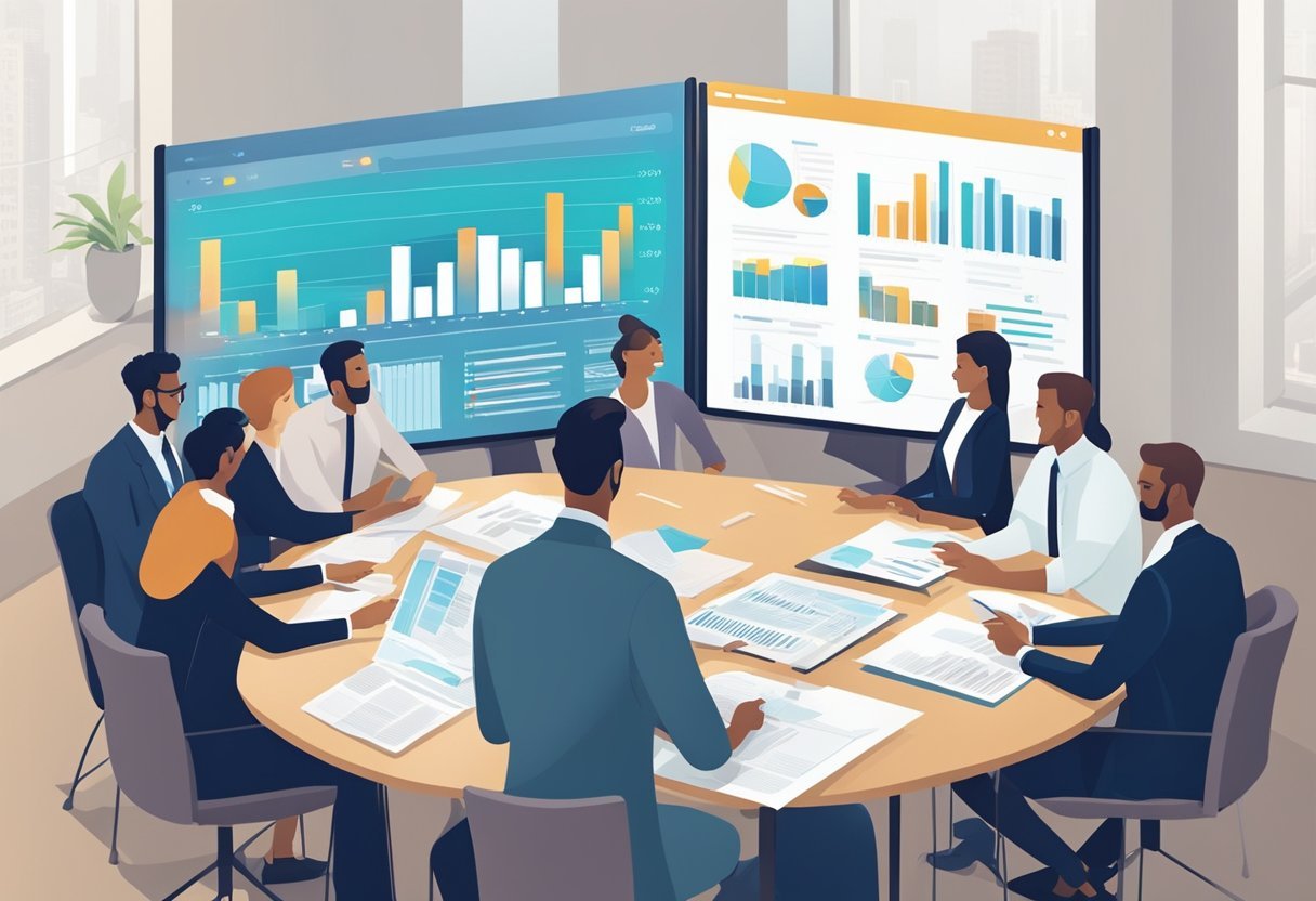 A group of professionals gather around a table, discussing and reviewing the company's overview and strategies. Charts and graphs are displayed on a screen in the background