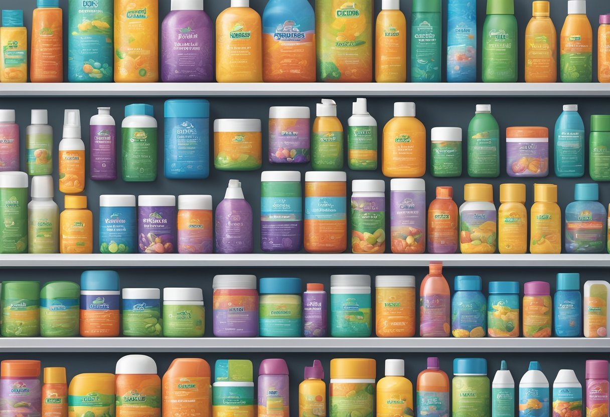 A colorful display of 4Life Transfer Factor products, featuring vibrant packaging and clear product labels, arranged neatly on a clean, well-lit shelf