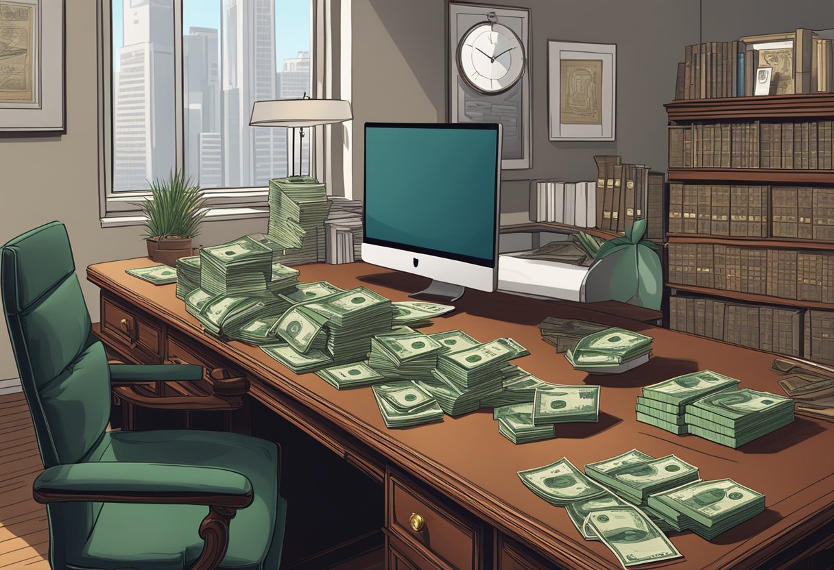 A luxurious office with a large mahogany desk, modern computer, and stacks of money symbolizing success. A book titled "7 Figure Profit Code" prominently displayed