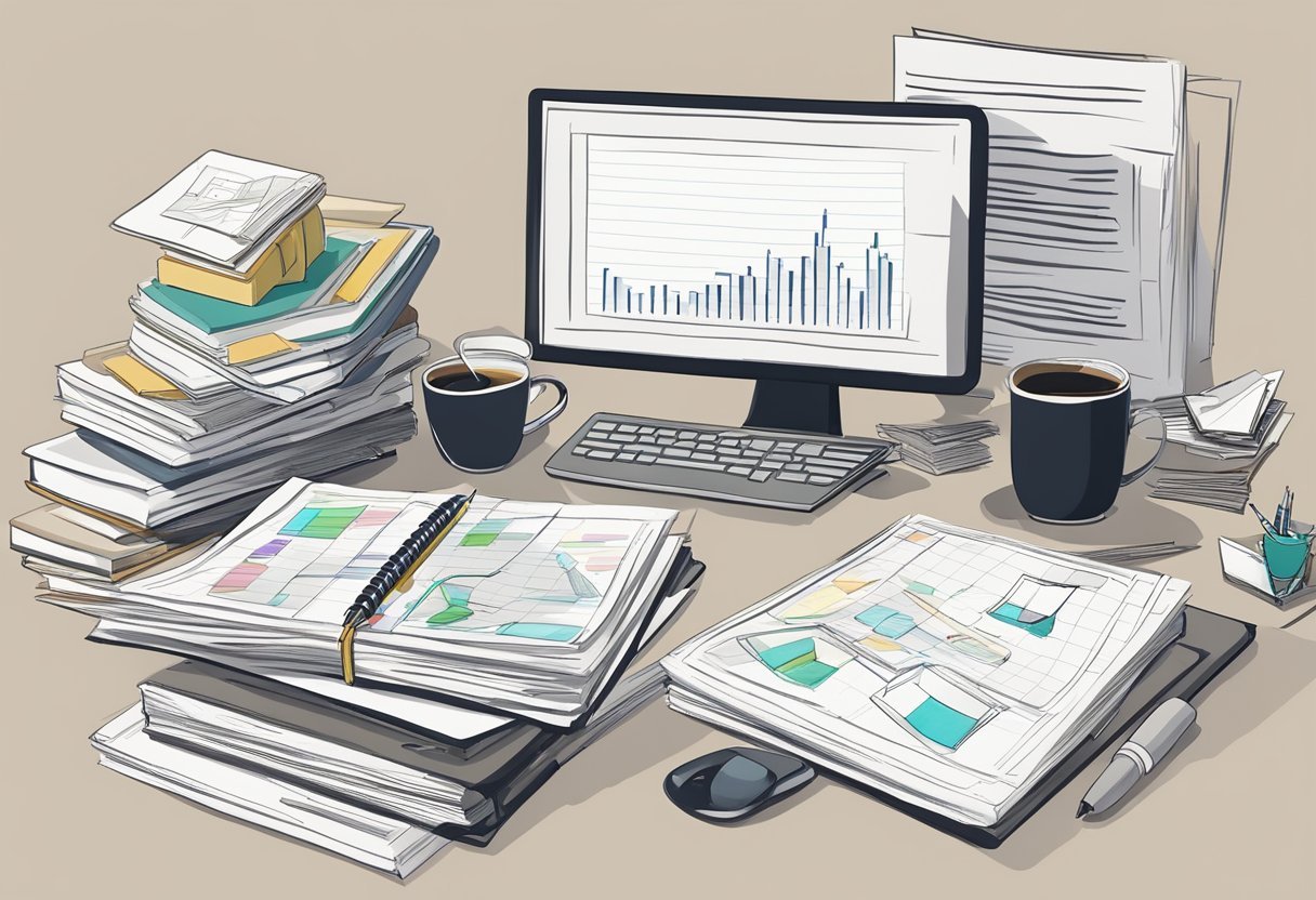 A desk cluttered with papers, a computer screen displaying financial charts, and a stack of books on entrepreneurship. A cup of coffee sits half-finished next to a notepad filled with scribbled notes