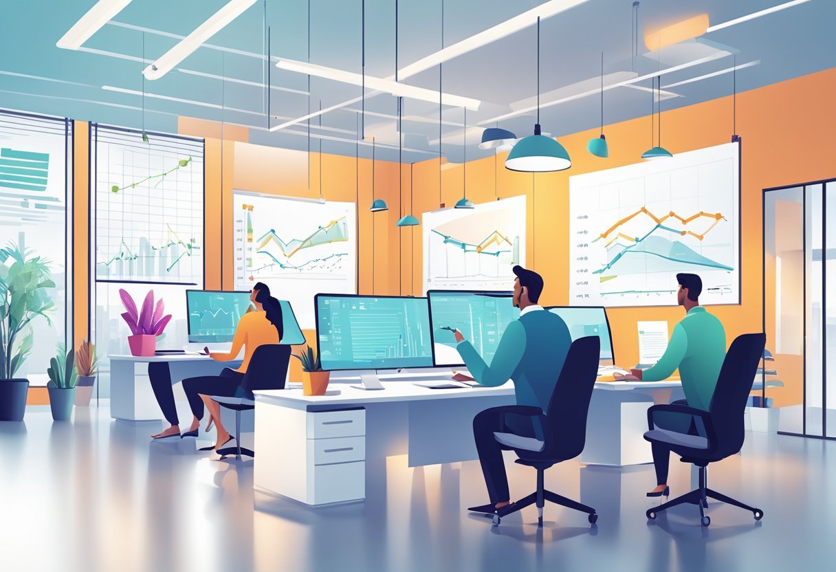 A vibrant, modern office setting with a team discussing pricing and value proposition, charts and graphs displayed on the wall