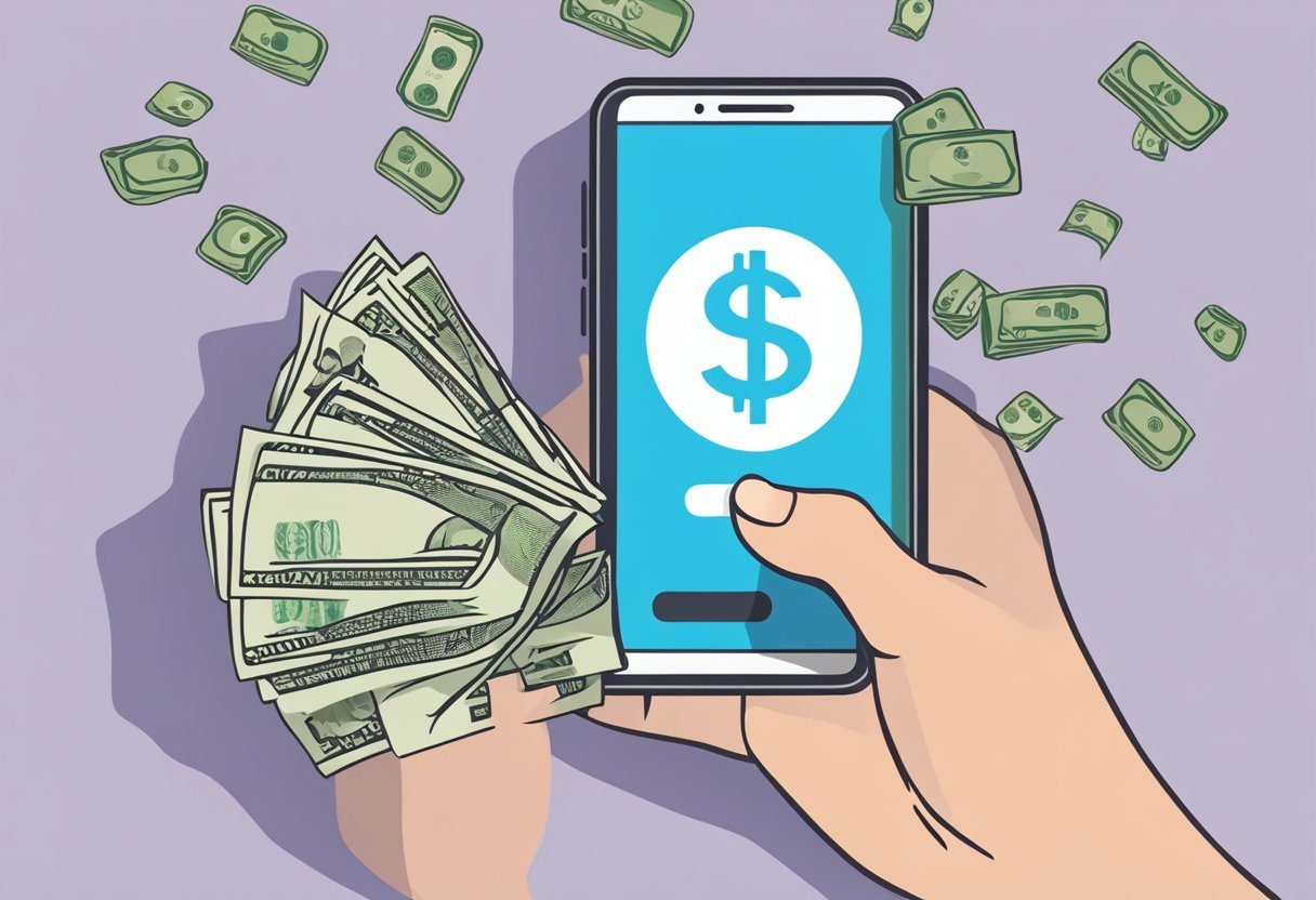 A smartphone displaying the Attapoll app with a notification of money earned. A hand holding a dollar bill reaching towards the phone