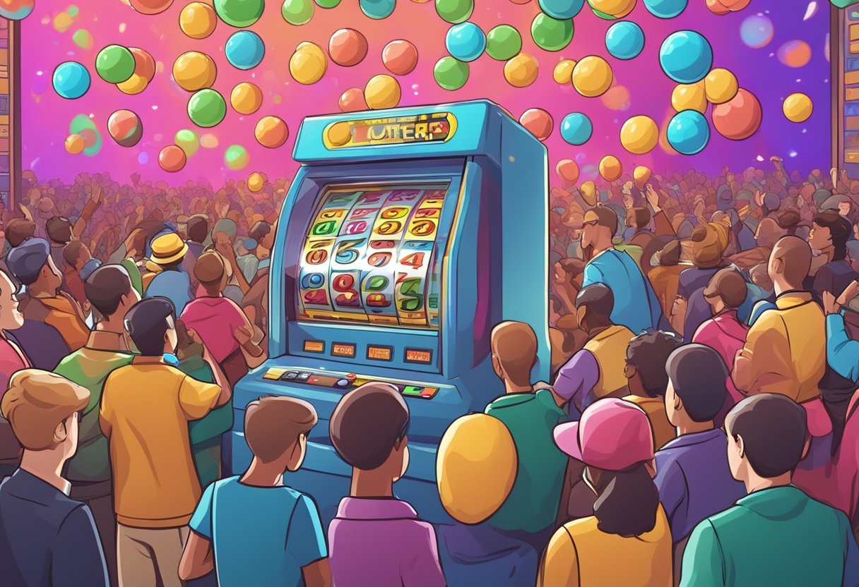 A lottery machine whirrs as colorful balls bounce inside. A digital display shows winning numbers. An excited crowd gathers around, clutching tickets